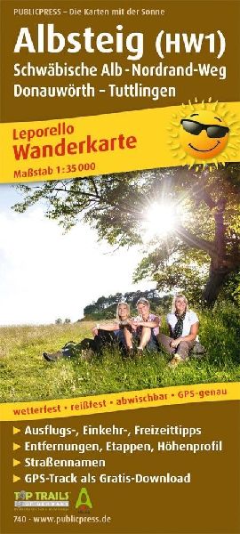 Publicpress Leporello Wanderkarte Albsteig (HW1), Schwäbische Alb-Nordrandweg, Donauwörth, Tuttlingen 1:35.000