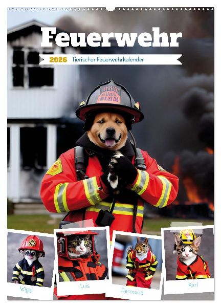 Feuerwehr - Tierischer Feuerwehrkalender (Wandkalender 2026 DIN A2 hoch), CALVENDO Monatskalender
