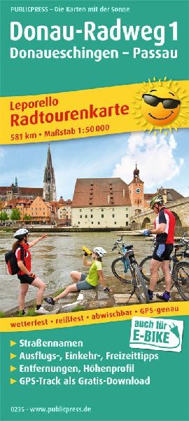 Publicpress Leporello Radtourenkarte Donau-Radweg 1, Donaueschingen, Passau 1:50.000