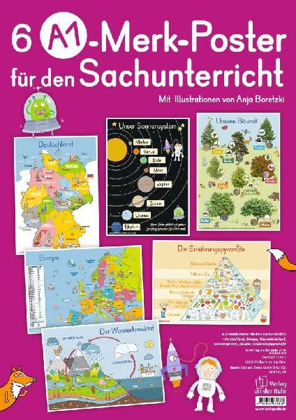 6 A1-Poster für den Sachunterricht - Deutschland, Europa, Wasserkreislauf, Sonnensystem, Bäume, Ernährungspyramide