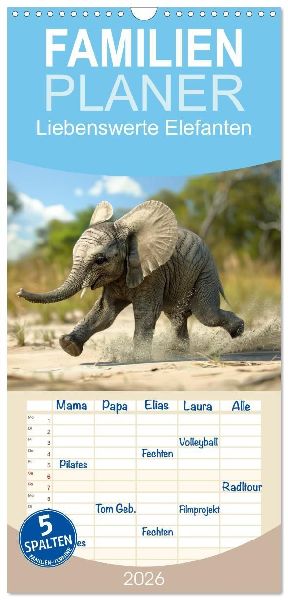 Familienplaner 2026 - Liebenswerte Elefanten mit 5 Spalten (Wandkalender, 21 x 45 cm) CALVENDO