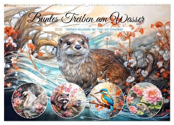 Buntes Treiben am Wasser - Fantasie Aquarelle der Tiere am Gewässer (Wandkalender 2026 DIN A2 quer), CALVENDO Monatskalender
