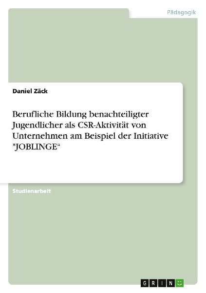 Berufliche Bildung benachteiligter Jugendlicher als CSR-Aktivität von Unternehmen am Beispiel der Initiative "JOBLINGE"