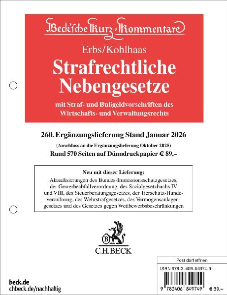 Strafrechtliche Nebengesetze 260. Ergänzungslieferung