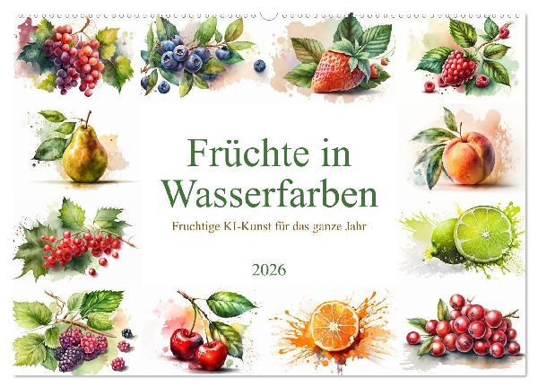 Früchte in Wasserfarben - Fruchtige KI-Kunst für das ganze Jahr (Wandkalender 2026 DIN A2 quer), CALVENDO Monatskalender