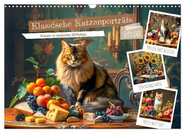 Klassische Katzenporträts - Katzen in opulenten Stillleben (Wandkalender 2026 DIN A3 quer), CALVENDO Monatskalender