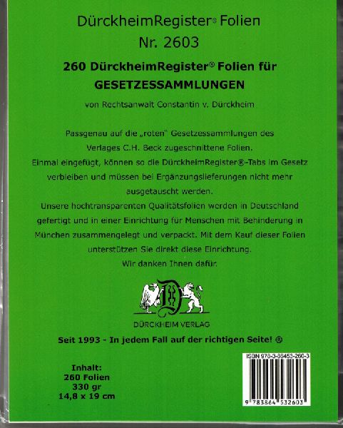 260 DürckheimRegister® -FOLIEN zum Einheften und Unterteilen der Gesetzessammlungen