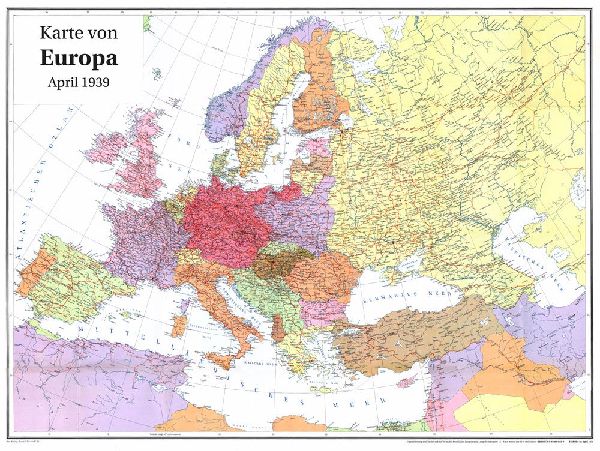 Historische Karte: EUROPA im April 1939 (gerollt)
