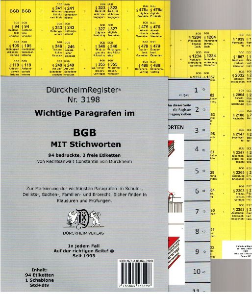 DürckheimRegister® BGB - WICHTIGE §§ MIT STICHWORTEN Im Bürgerlichen Gesetzbuch