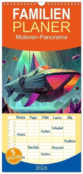 Familienplaner 2026 - Motoren-Panorama mit 5 Spalten (Wandkalender, 21 x 45 cm) CALVENDO