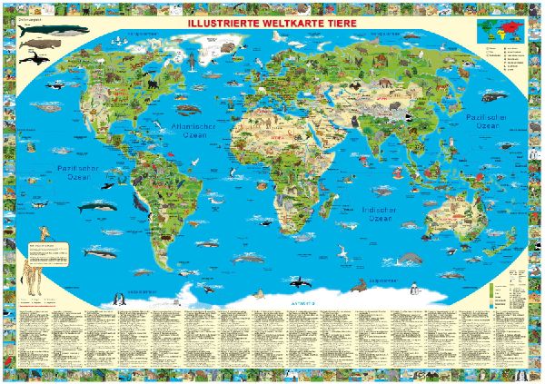 Illustrierte Weltkarte Tiere