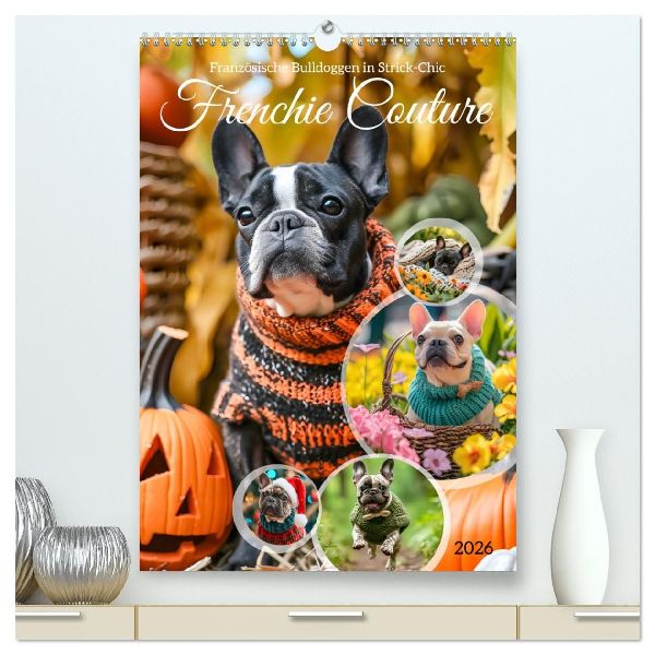 Frenchie Couture - Französische Bulldoggen in Strick-Chic (hochwertiger Premium Wandkalender 2026 DIN A2 hoch), Kunstdruck in Hochglanz