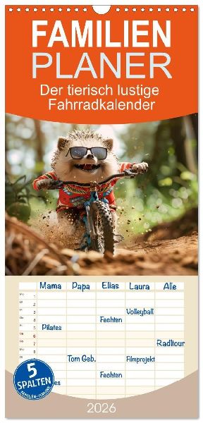 Familienplaner 2026 - Der tierisch lustige Fahrradkalender mit 5 Spalten (Wandkalender, 21 x 45 cm) CALVENDO