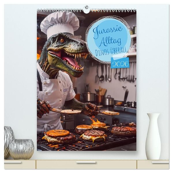 Jurassic Alltag - Dinos überall (hochwertiger Premium Wandkalender 2026 DIN A2 hoch), Kunstdruck in Hochglanz