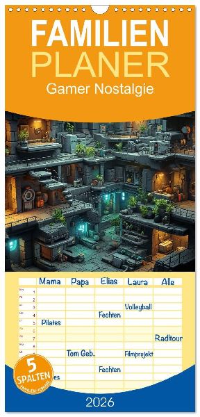 Familienplaner 2026 - Gamer Nostalgie mit 5 Spalten (Wandkalender, 21 x 45 cm) CALVENDO