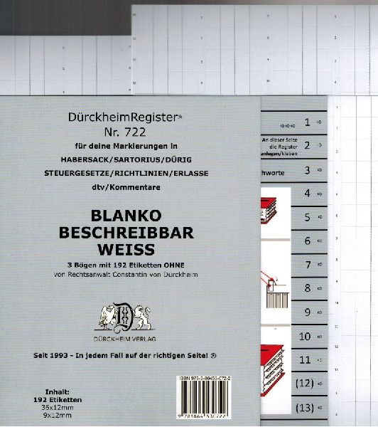 DürckheimRegister® BLANKO-WEISS beschreibbar für Gesetzessammlungen Nr. 722