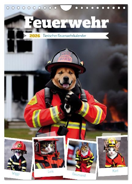Feuerwehr - Tierischer Feuerwehrkalender (Wandkalender 2026 DIN A4 hoch), CALVENDO Monatskalender