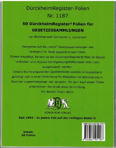 50 DürckheimRegister®-FOLIEN für STEUERGESETZE u.a; zum Einheften und Unterteilen der Gesetzessammlungen