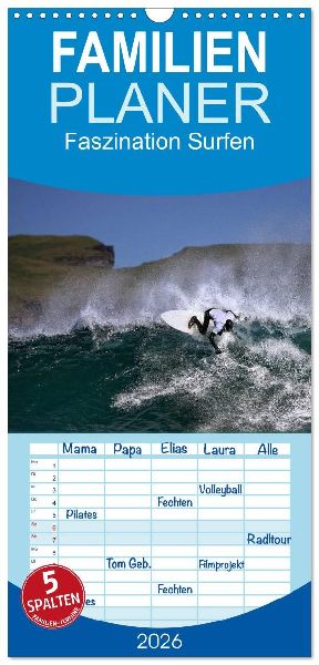 Familienplaner 2026 - Faszination Surfen mit 5 Spalten (Wandkalender, 21 x 45 cm) CALVENDO