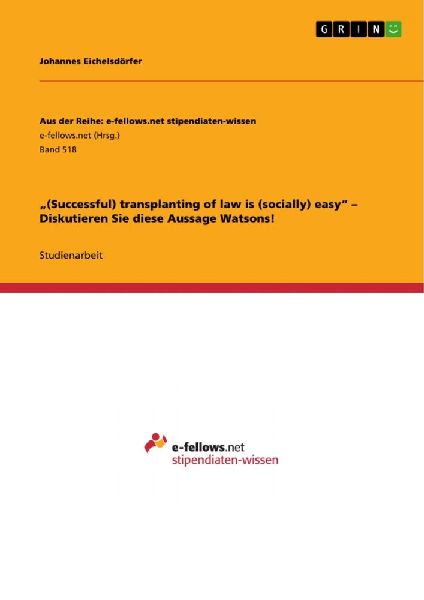 "(Successful) transplanting of law is (socially) easy" - Diskutieren Sie diese Aussage Watsons!
