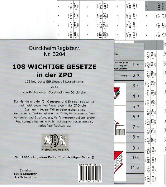 DürckheimRegister® 108 WICHTIGE §§ in der ZPO, ohne Stichworte