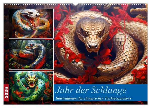 Jahr der Schlange - Illustrationen des chinesischen Tierkreiszeichens (Wandkalender 2026 DIN A2 quer), CALVENDO Monatskalender