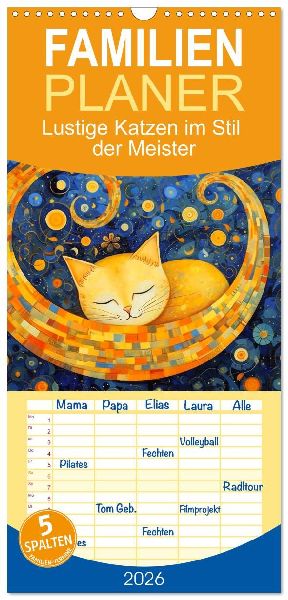 Familienplaner 2026 - Lustige Katzen im Stil der Meister mit 5 Spalten (Wandkalender, 21 x 45 cm) CALVENDO