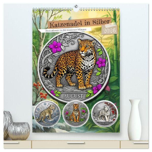 Katzenadel in Silber (hochwertiger Premium Wandkalender 2026 DIN A2 hoch), Kunstdruck in Hochglanz