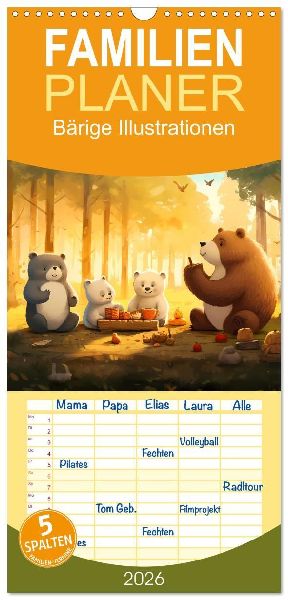 Familienplaner 2026 - Bärige Illustrationen mit 5 Spalten (Wandkalender, 21 x 45 cm) CALVENDO