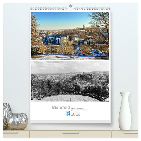 Bielefelder Fotomotive heute und damals mit historischen Ereignissen (hochwertiger Premium Wandkalender 2026 DIN A2 hoch), Kunstdruck in Hochglanz