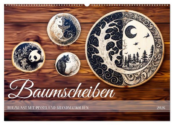 Baumscheiben - Holzkunst mit Pinsel und Brandmalkolben (Wandkalender 2026 DIN A2 quer), CALVENDO Monatskalender